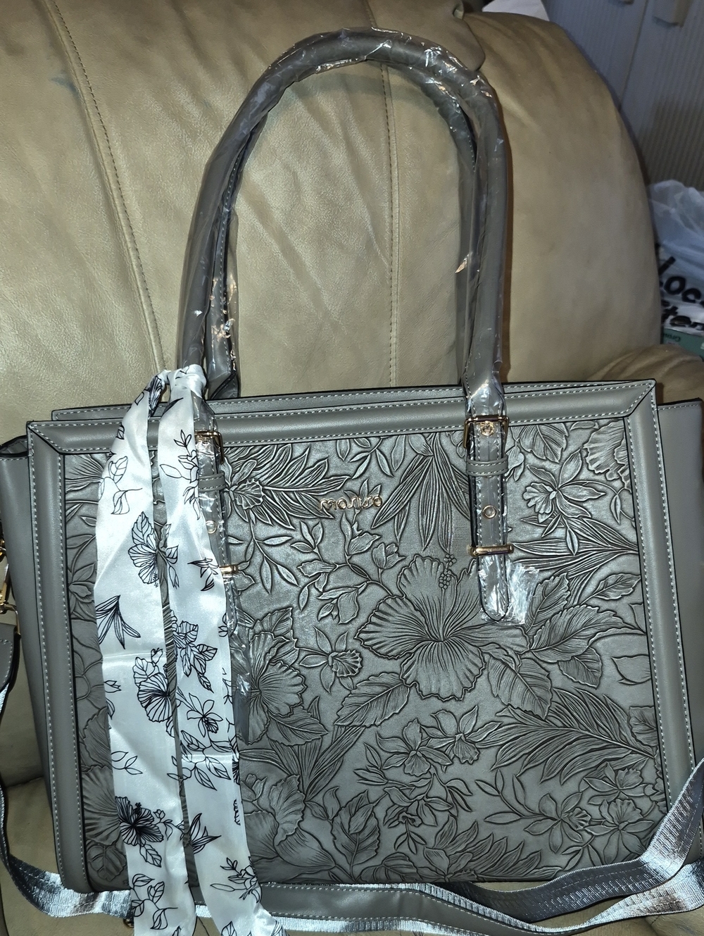 Embossed Floral Tote Bag in Taupe Nwt